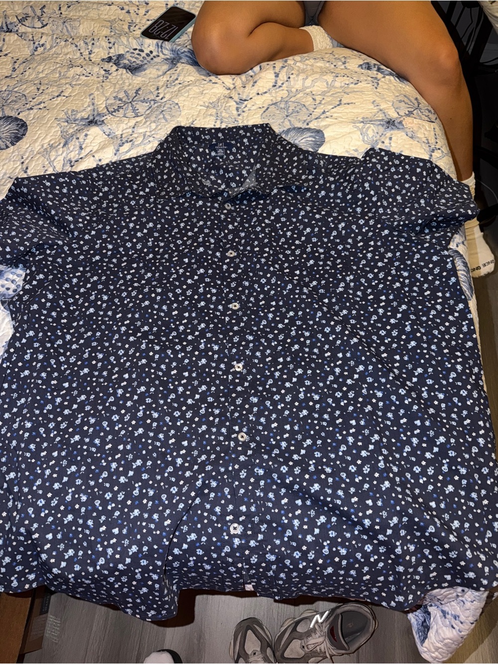Men's Navy Blue Floral Button-Up Shirt